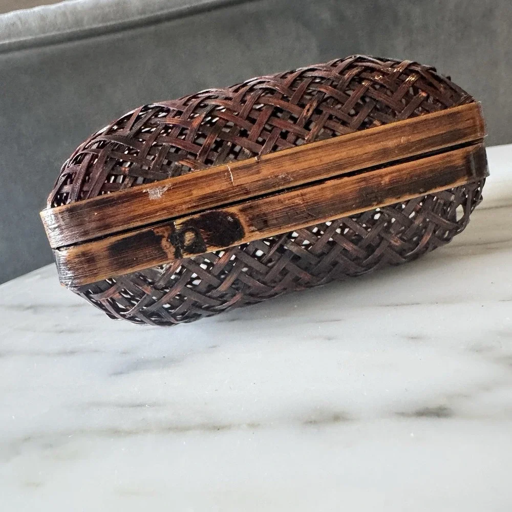 Vintage Chinese/ Japanese Style Woven Bamboo Storage Trinklet Box 4